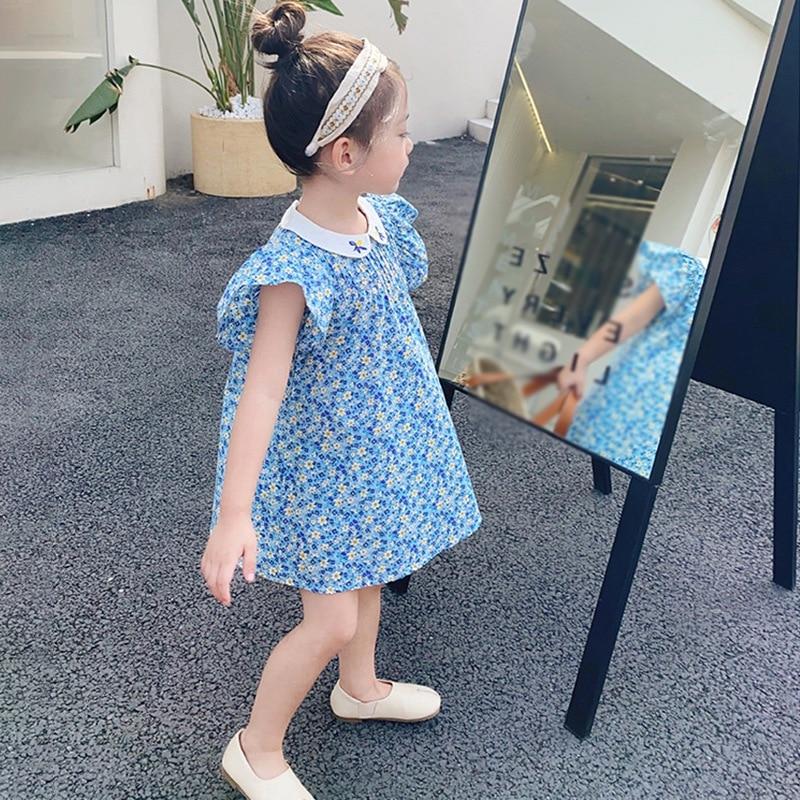 Летнее платье с цветочным принтом для маленьких девочек, милые платья с рукавами-лепестками и вышивкой, трапециевидные платья принцессы с воротником Питера Пэна, детская одежда, От 3 до 8 лет