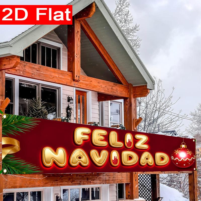 Spanish Christmas Banner, Red & Golden Spanish Lettering Design, Durable Polyester Outdoor Porch Fence Garden Party No Electricity Decoration
