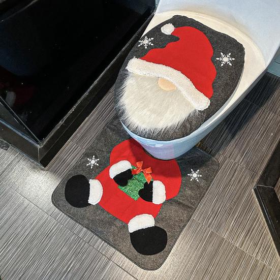 Yousheng Santa Toilet Seat Cover 2-Piece Christmas Bathroom Set Santa Claus Toilet Seat Cover And Mat Set for New Year Indoor Bathroom Decor