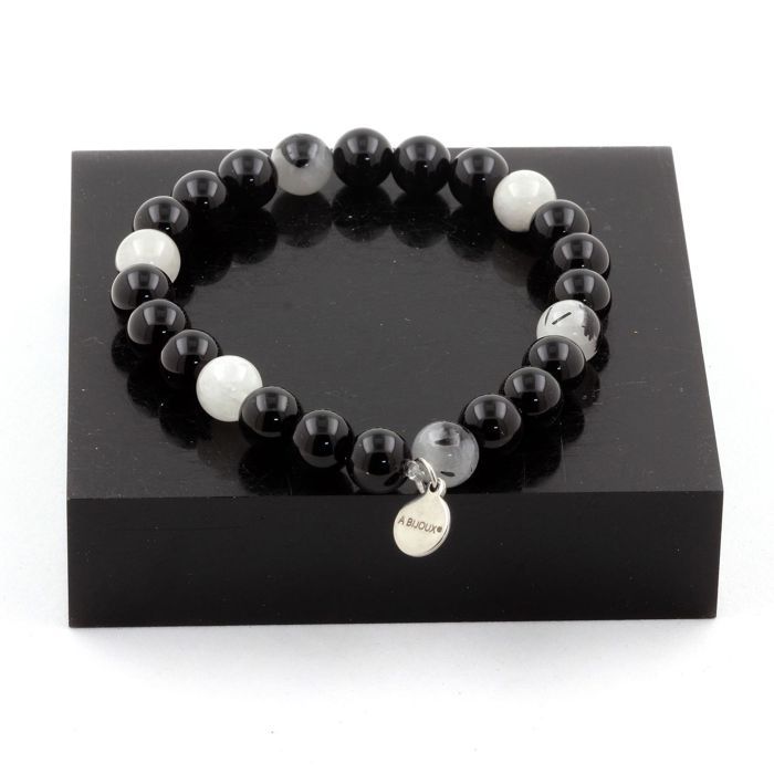 Stones and Minerals. Black Agate + Black Rutile Quartz 8mm Pearl Bracelet. Made In France.