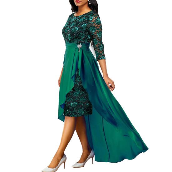 2 шт./компл., женское платье для выпускного вечера, комплект с юбкой, ажурное кружевное платье с рюшами и подолом, высокая талия, круглый вырез, рукав три четверти, длина до щиколотки, банкетное платье макси