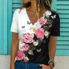 Summer V-neck 3D Floral Print Top Fashionable Casual Short Sleeved Women's T-shirt