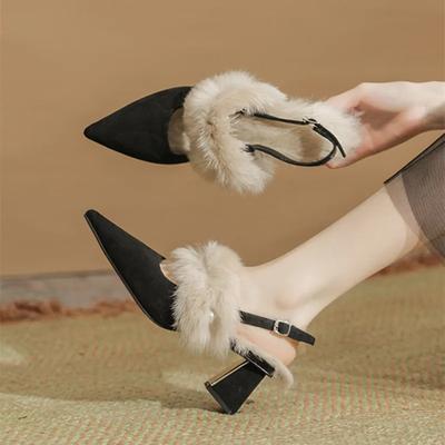 Модные роскошные меховые босоножки на толстом каблуке для женщин, зима 2025 года, модные элегантные туфли с острым носком на каблуках из замши с ремешком сзади, женские туфли-лодочки