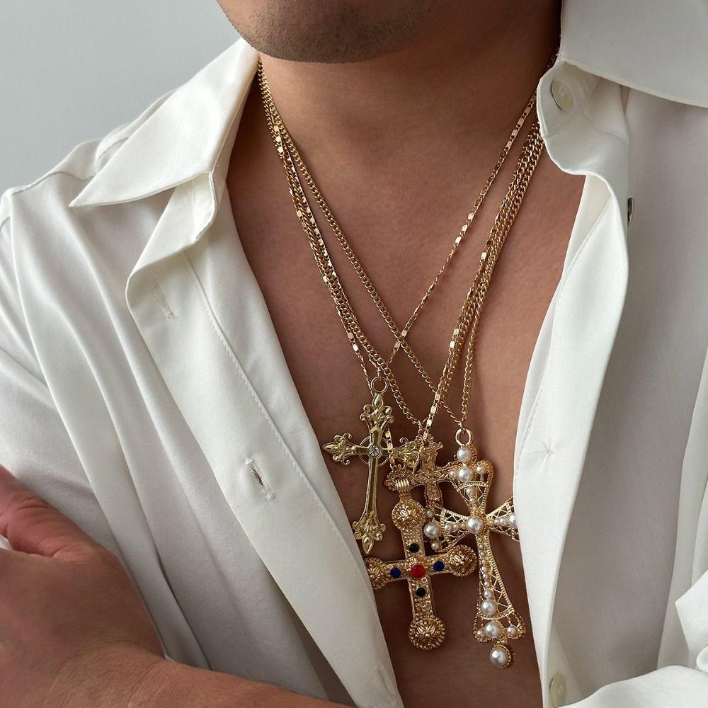 Pearl Cross Pendant Necklace Silver Rhinestone Necklace Unique Men Necklace Women