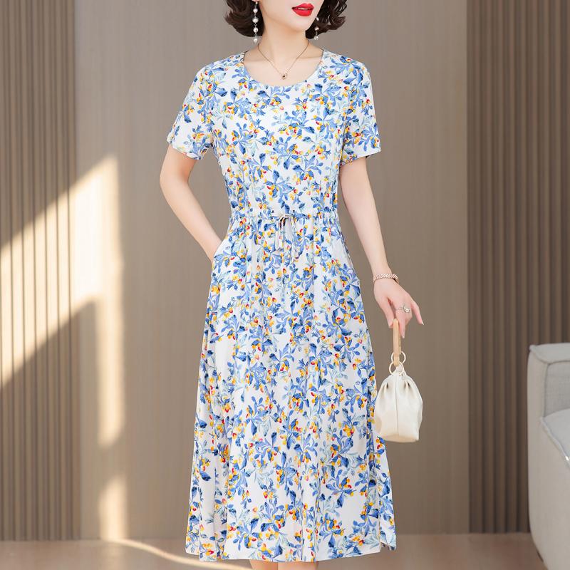 Plus Size Casual Summer Women's Dresses Elegant Slim Short Sleeve Vintage Print Long Dress Female Summer Clothes