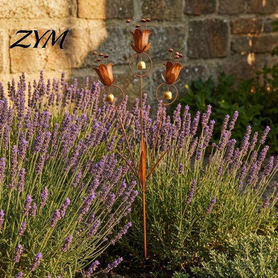 Metal Flower Yard Art Flame Copper Lily Tulip Garden Stake with Wind Chime Bells, Rustic Weatherproof Vintage Style Sculptures Decor for Lawn