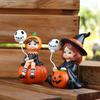 2Pcs Pumpkin Witch Figurines Witch Holding Skull Balloon Ornament Cartoon Witch Statues for Halloween Miniature Scene Props