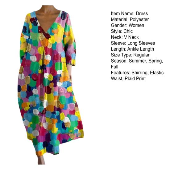 Женское летнее платье с длинными рукавами и круглым вырезом с принтом маслом Яркий цвет Глубокий V-образный вырез Свободное платье для отпуска Пляжное платье макси Ежедневное длинное платье