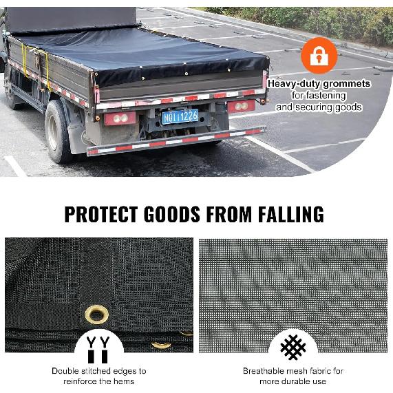 Heavy Duty Dump Truck Mesh Tarp 7x14 ft PVC Coated Black Cover with Double Pockets Brass Grommets for Manual Electric Dump Truck
