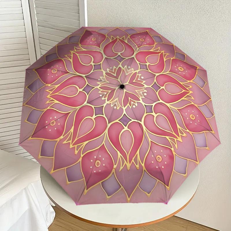 1pc Pink Lotus Mandala Pattern Umbrella with Plastic Handle,Suitable for All Seasons Home Travel Outdoor UmbrellaDD270