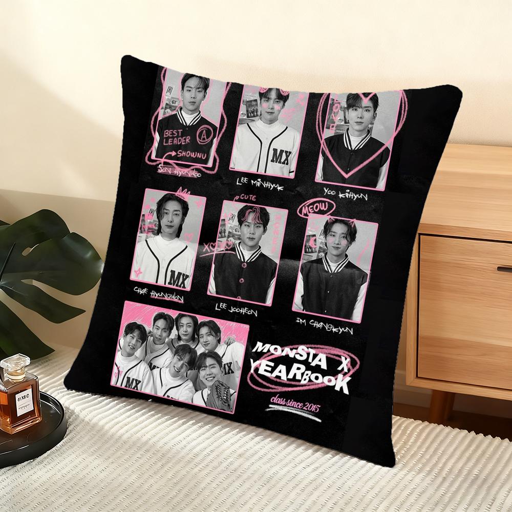 Подушка с принтом K-POP группы Monsta X, шелковистая коротковорсовая, для дивана, с потайной молнией, элемент домашнего декора