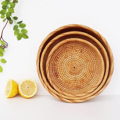 Корзина для хлеба из ротанга ручной работы, плоский плетеный поднос со свернутым краем, круглый декоративный органайзер для хранения для кухни, еды, пикника, фруктов