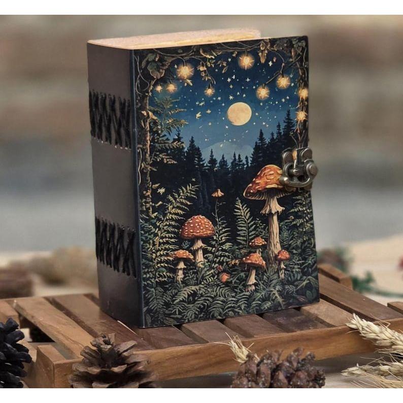 Handmade Leather Journal with Lock: Mushroom & Fairy Tale Grimoire