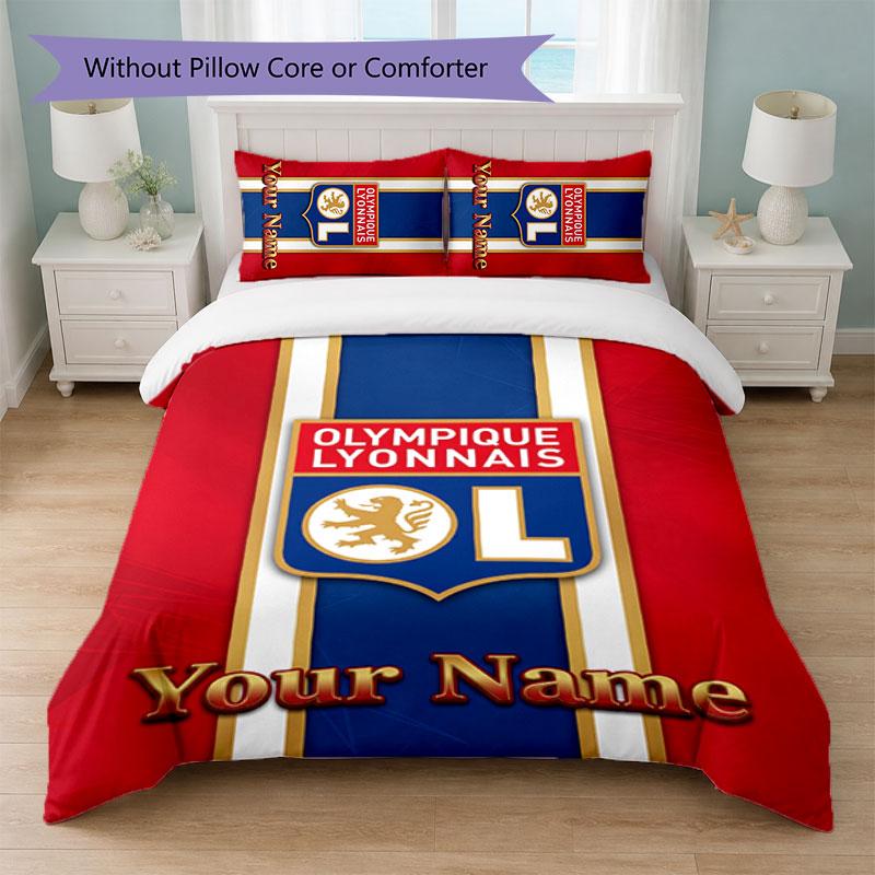 Lyon FC Custom Name Text Bedding Set 1 Duvet Cover+2 Pillowcases Soccer Logo Personalized Gift For Special Occasion Bedroom Decor