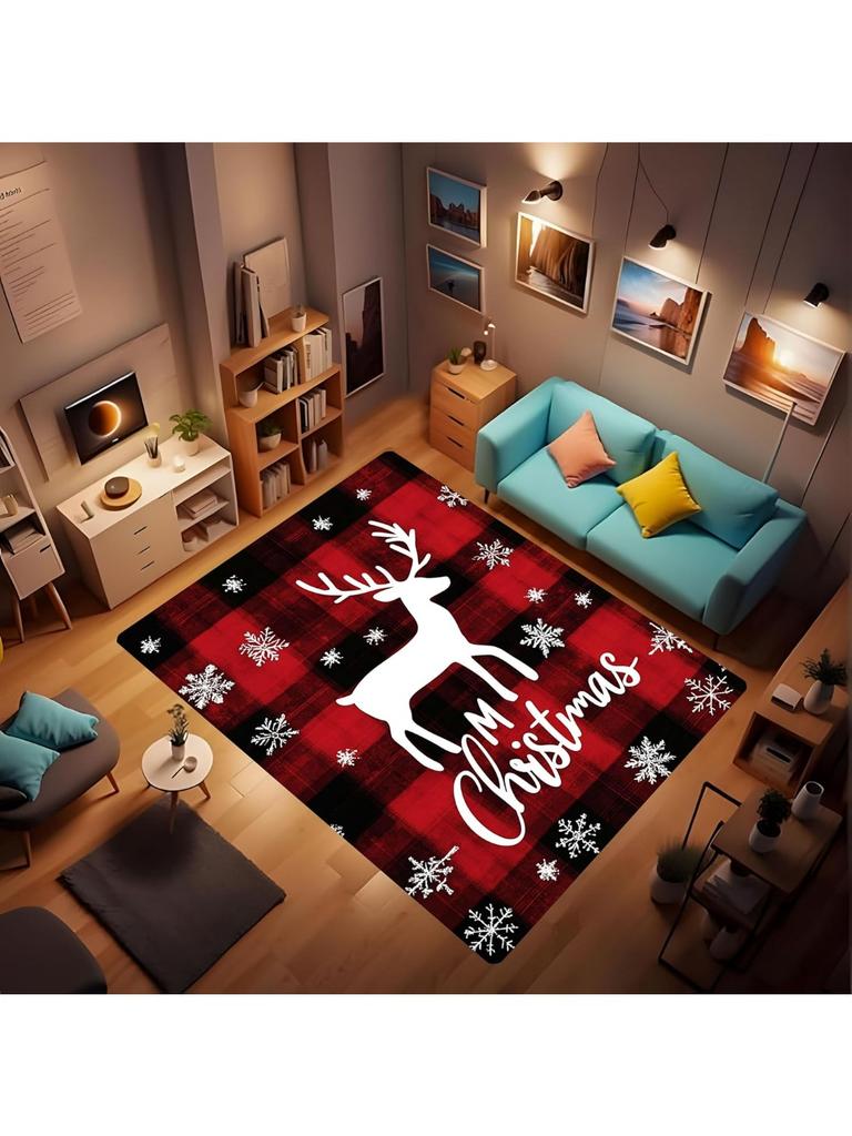 Area Rugs - Plaid Washable Carpet for Living Room Bedroom, Holiday Decor Christmas Rug, Christmas Tree Snowflake Winter Rug