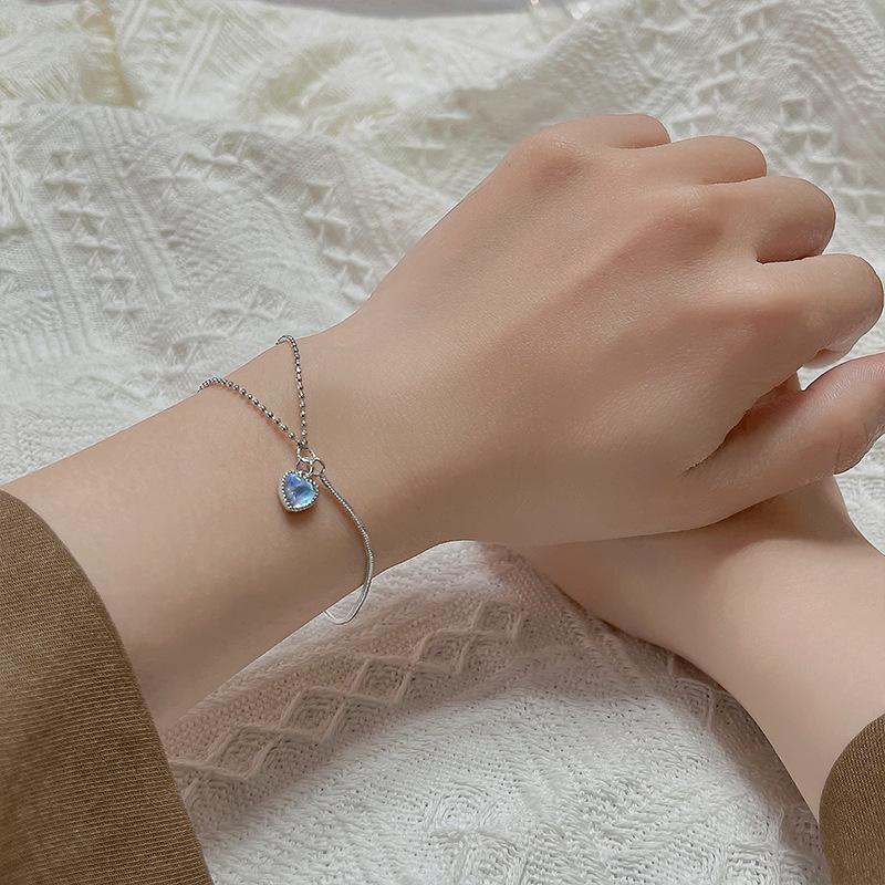 Серебряный браслет S925, двухслойный браслет «Девичья любовь» с лунным камнем, игривый и милый браслет в форме сердца
