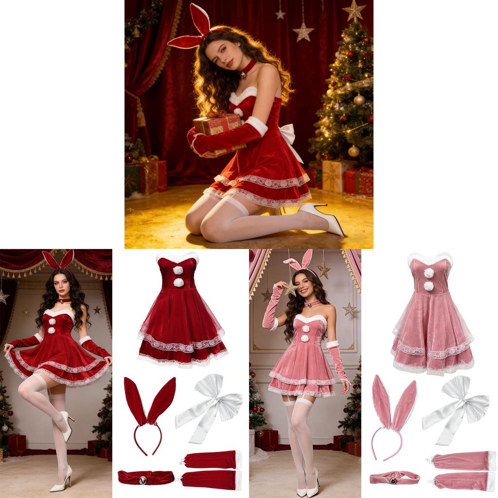 Christmas Dress With Lace And Plush Ball Decoration For Holiday Cosplay And Events