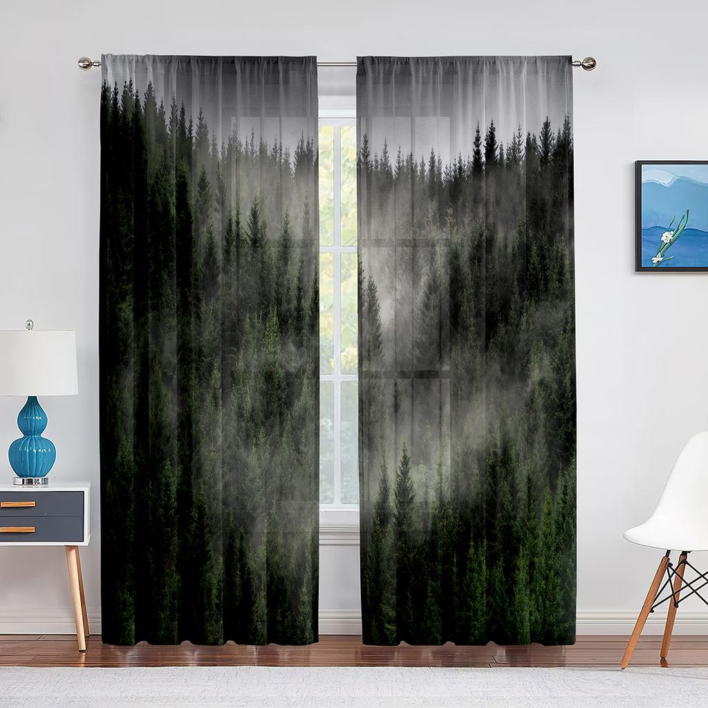 Туманный лес, прозрачная вуаль, туманная живописная зеленая природа, пейзаж, окно, тюлевые шторы для спальни, гостиной, кухни, декор