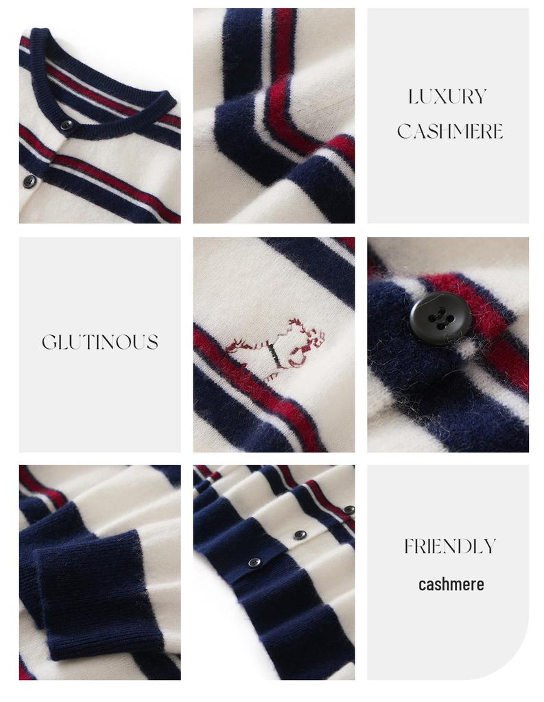 Korean Style Cashmere Puppy Embroidery Striped Crew Neck Sweater Coat for Women - Autumn/Winter Loose Knit Cardigan