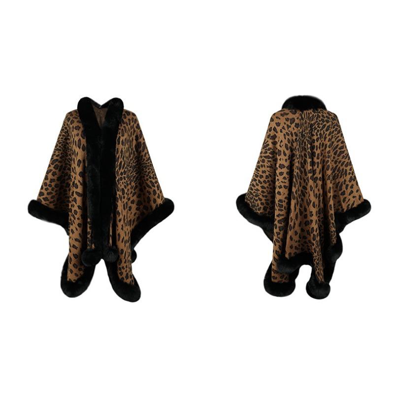 Women Autumn Winter Fur Collar Leopard Pattern Shawl Cardigan Fashion Vintage Batwing Sleeve Thick Warm Cape Coat