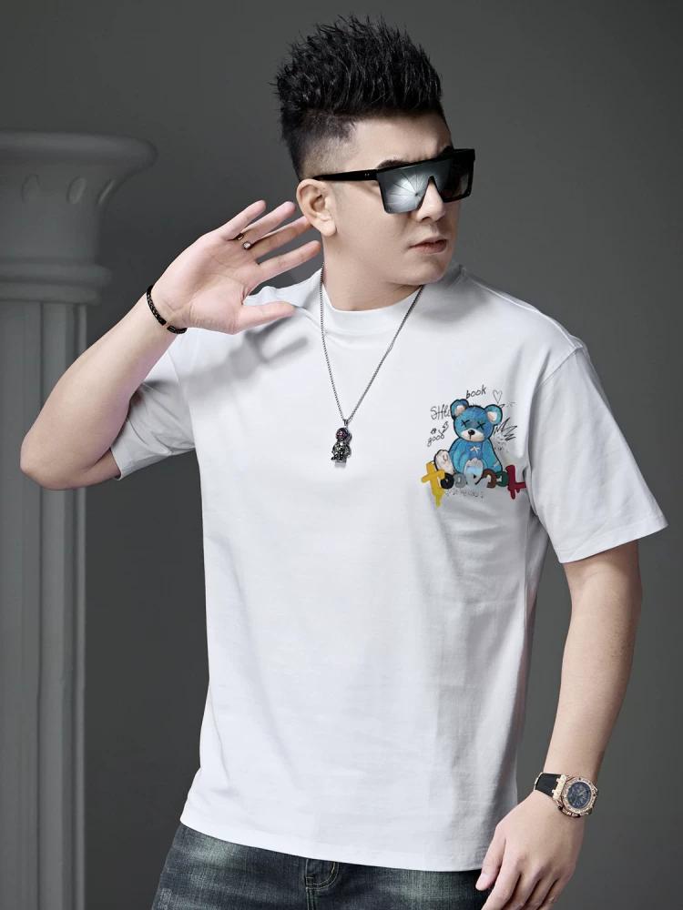 Ozhouzhan Men's High end Bear Print Short sleeve T-shirt 2025 New Summer Trendy All-Match Half Sleeve Top Clothes