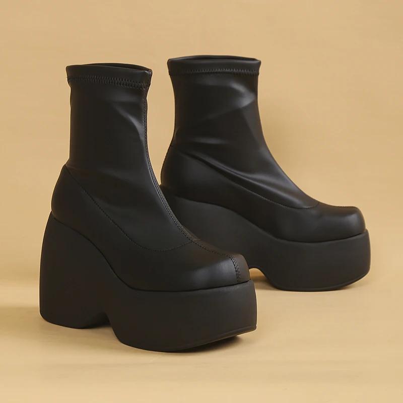 New Brand Gothic Boot for Womens Sexy Chunky Platform Soft Leather Ankle Boots Walking Comfy Matsuke Sole Shoes Size 42