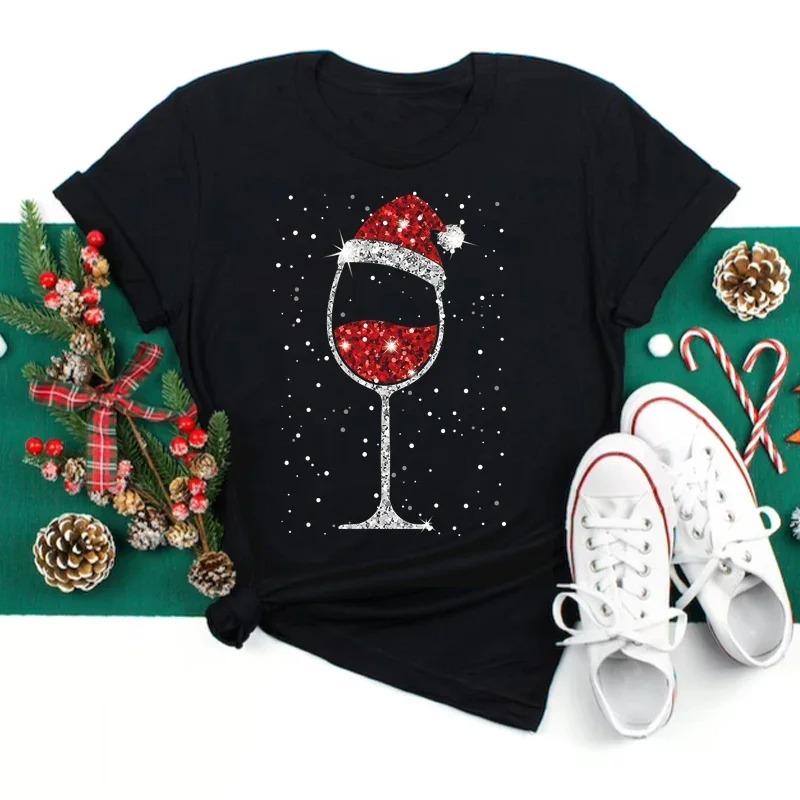 Cute Christmas Graphic T Shirt With Funny Wine Glass Snowman Santa Hat Elements Designs Stylish Casual Short Sleeve Tee
