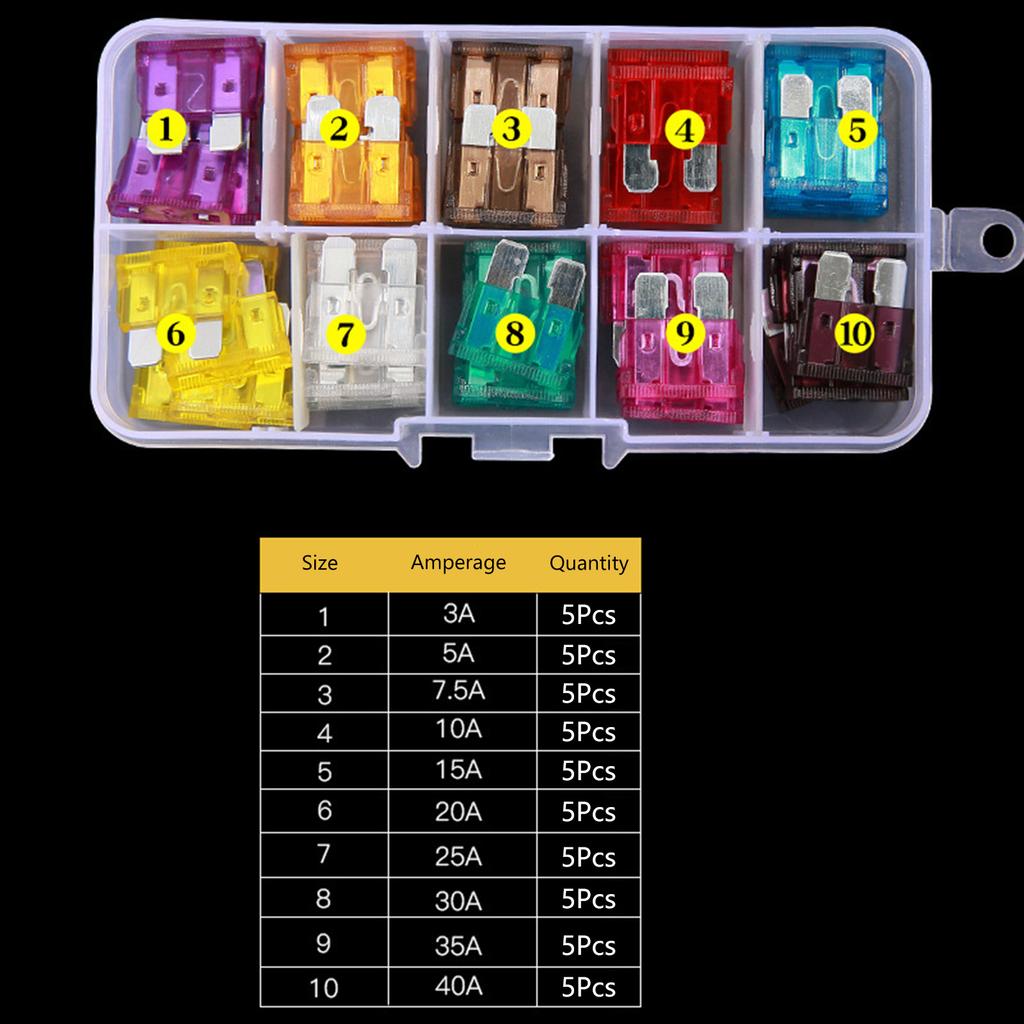 50Pcs 3/5/7.5/10/15/20/25/30/35/40A Car Truck Standard Fuses Auto Boat Motorcycle Fuse Medium Colorful Insert Fuses