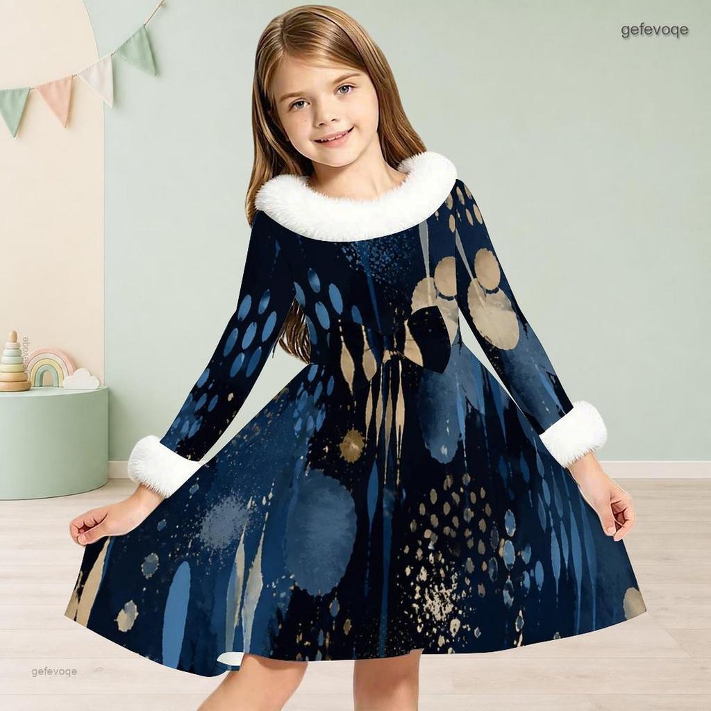 Girls Long Sleeve Tie Dye Printed A Line Dress White Furry Collar Cuffs Waist Bow Flared Hem
