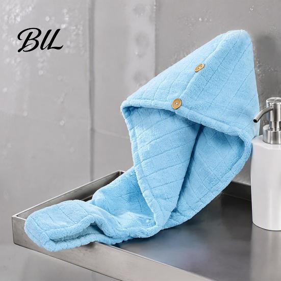 Non Slip Hair Drying Turban Coral Fleece Towel Wrap with Button, Thick Quick Dry Super Reusable for Home Absorbent Turban, Cap Long Moisture Wicking