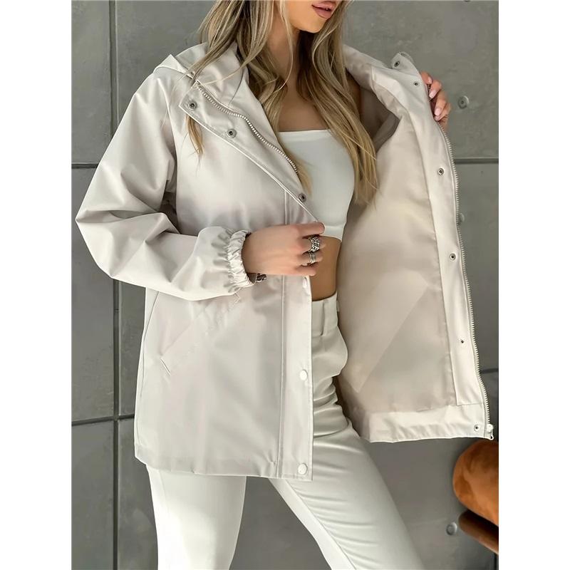 Women Hooded Windbreaker Jacket Zip Up Button Down Long Sleeve Loose Casual Outerwear Coat