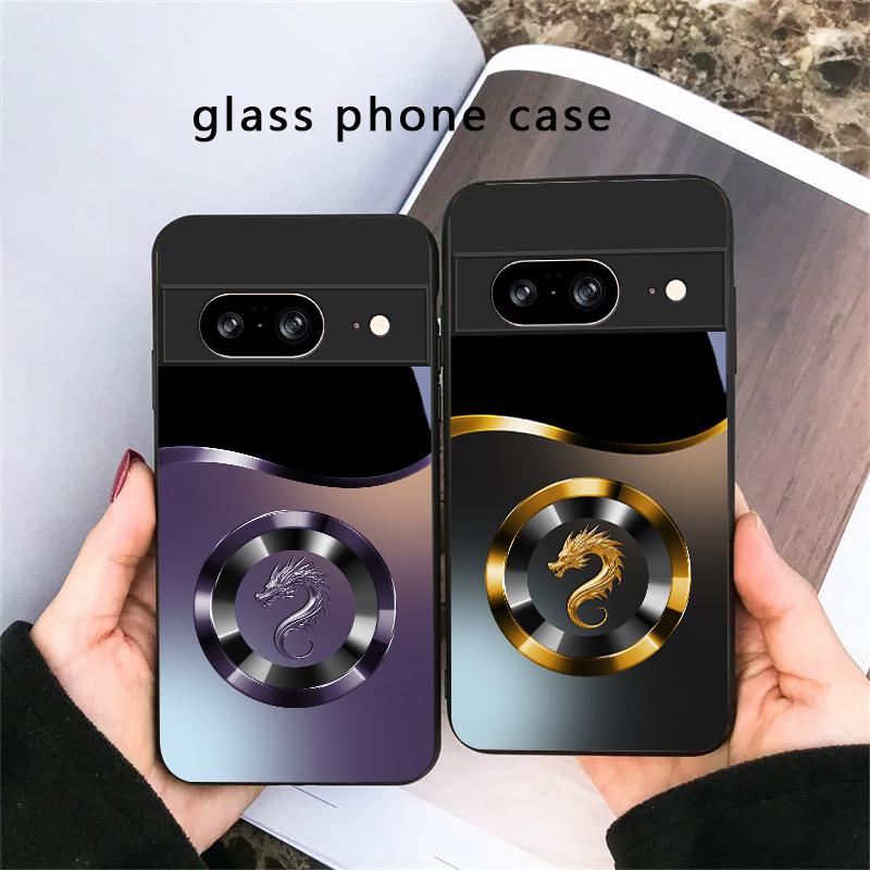 Серебряное кольцо с головой дракона для Google Pixel 8 7 9 10 Pixel 10 Pro XL Pixel 9 Pro XL Pixel 8a 7a Pixel 7 Pro Черный стеклянный чехол для телефона