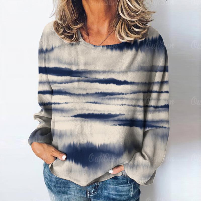 Long Vintage Womens Gradient Style Sleeve Stripe Print Tshirt Tops Autumn Oneck Ladies Clothing Female Daily Pullover