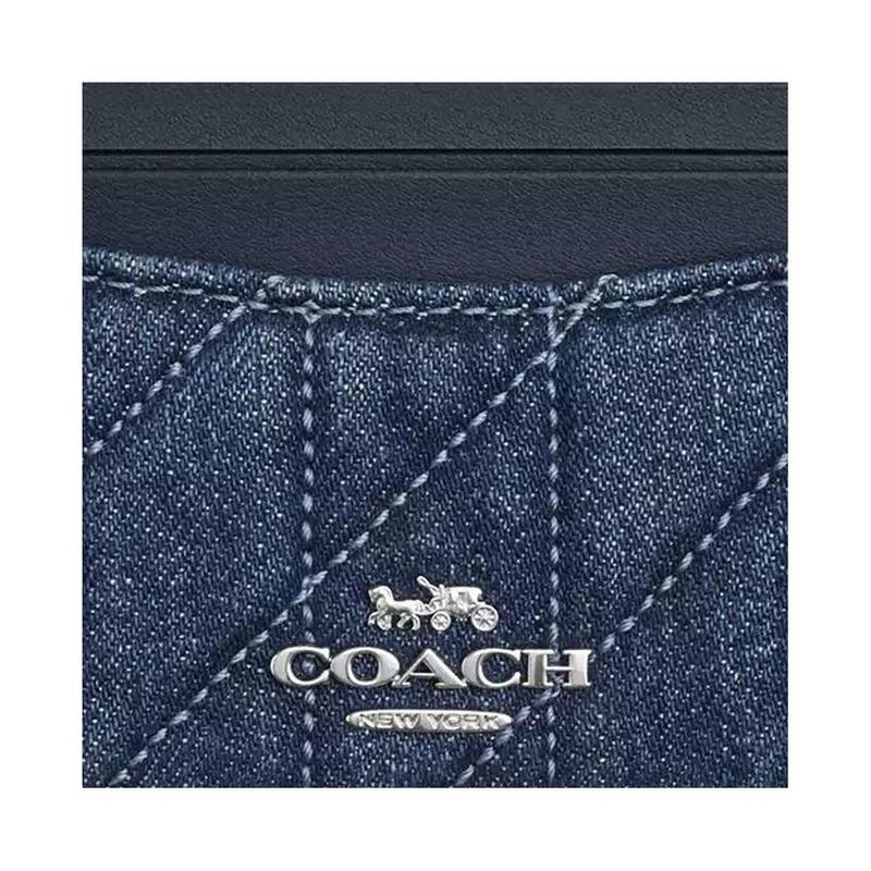 Coach Тонкий 10 Тонкий Стеганый Классический Логотип Гладкая Кожа Держатель для Карт Обычный Женский Джинсовый Синий Джинсовый синий