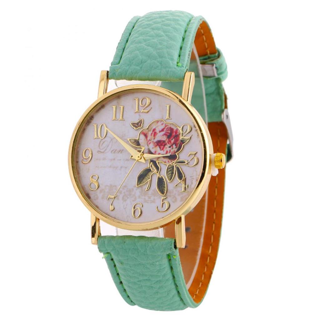 Useful Women Number Rose Flower Round Dial Faux Leather Band Quartz Wrist Watch