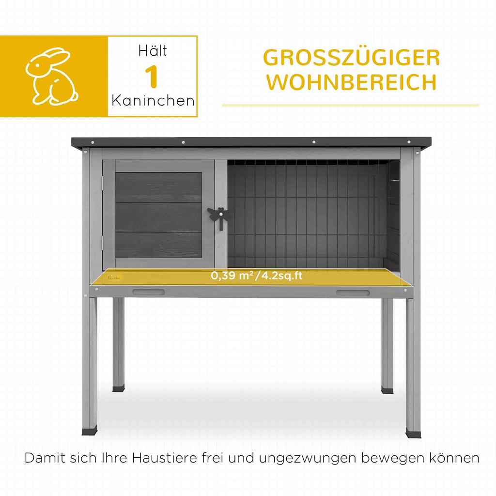 Wooden Guinea Pig Hutch, Small Animal Cage with Slide-out Tray, Openable Asphalt Roof, 84 x 43 x 70cm, Grey