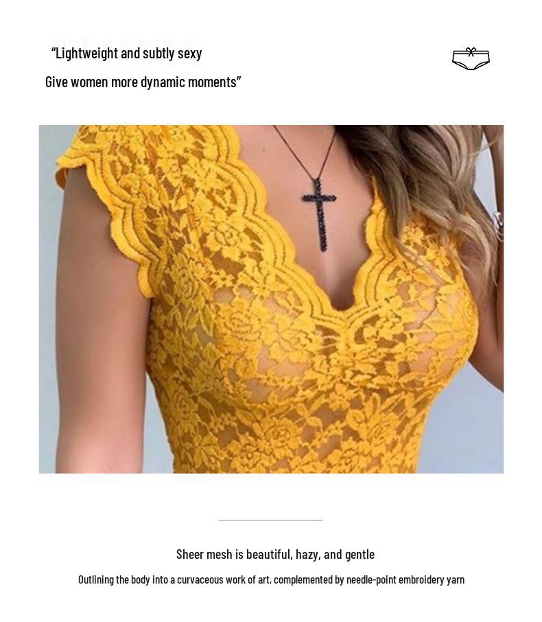 Кружевная футболка с V-образным вырезом и прозрачными вставками - Сексуальный топ (B3067)