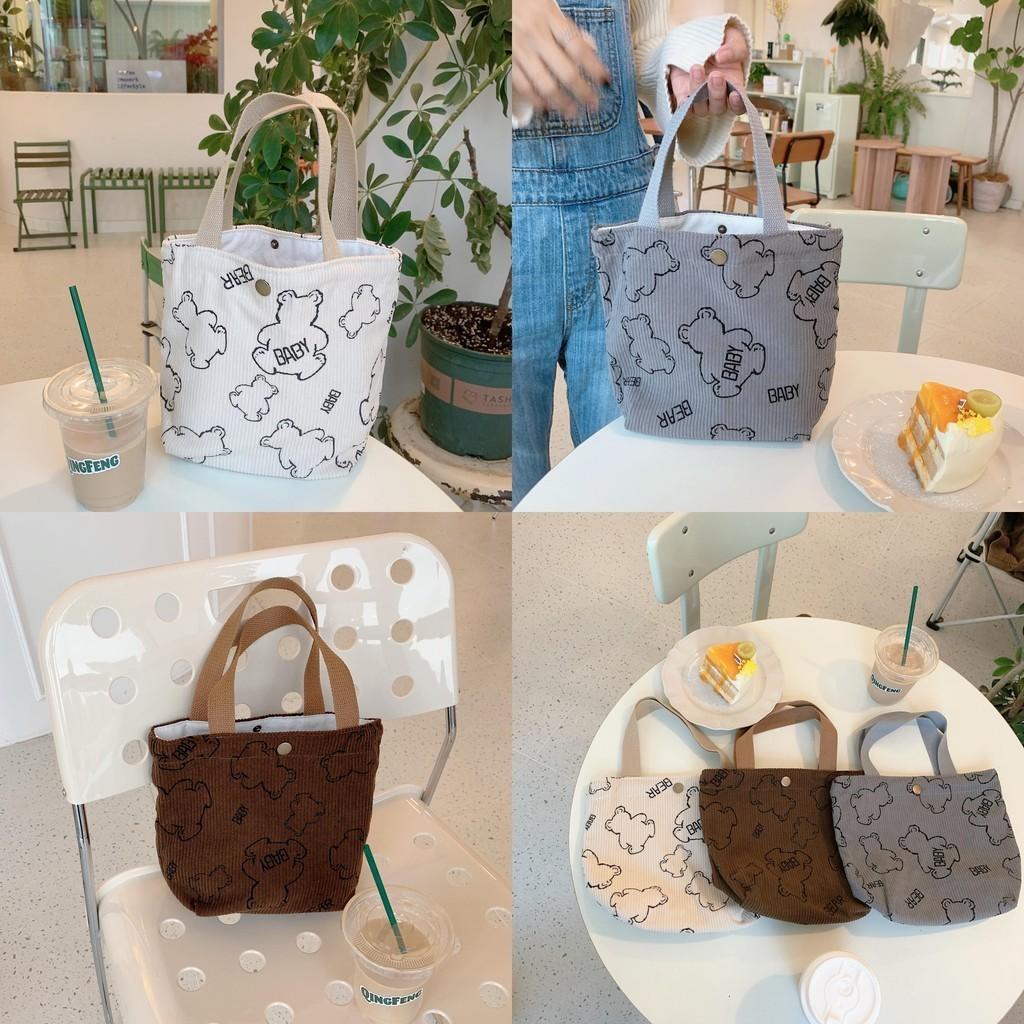 Винтажная вельветовая сумка-тоут для ланча с изображением медвежонка, портативная, большой вместимости, сумка для хранения