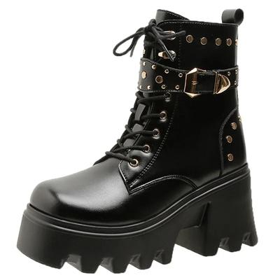 Модные теплые ботильоны на платформе 9 см для женщин 2024 года, нескользящие ботинки из армейского панк-меха, женские кожаные мотоциклетные ботинки с пряжкой