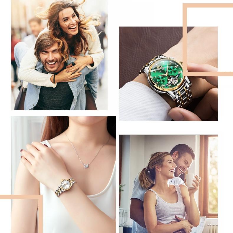 OLEVS Брендовая модная тенденция, повседневная пара механических выражений, часы для мужчин и женщин