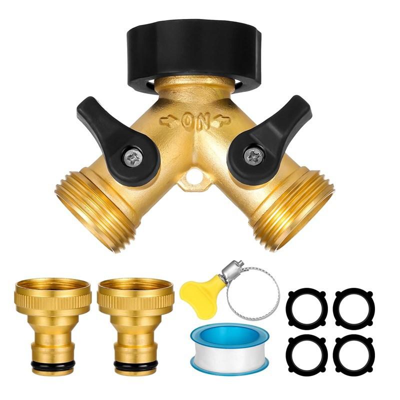 4-Way Brass Water Splitter with Shut-off Valves, EU Standard Garden Tap Connector, High Pressure Hose Distributor Set