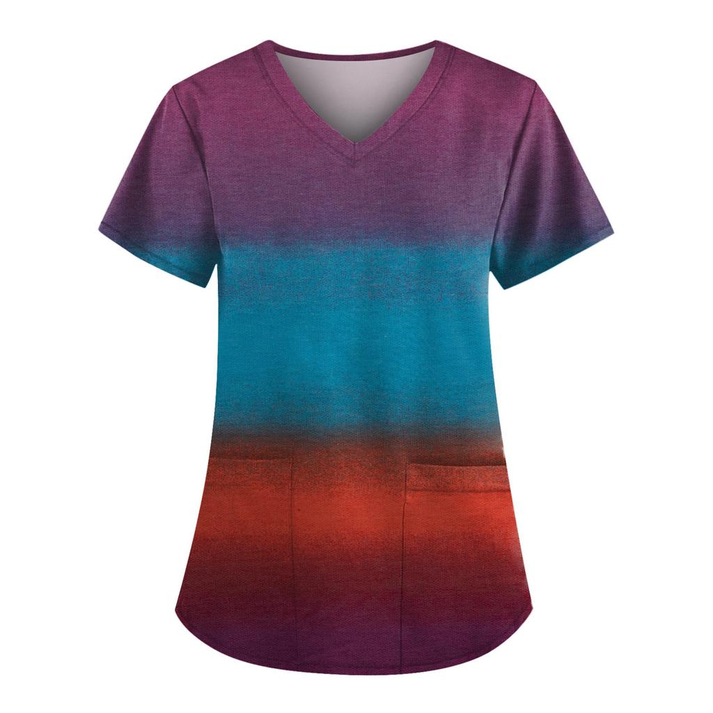 Plus Size Cute Printed Scrub Working Uniform Tops For Women V-Neck Short Sleeve Fun T-Shirts Workwear Tee With Pockets