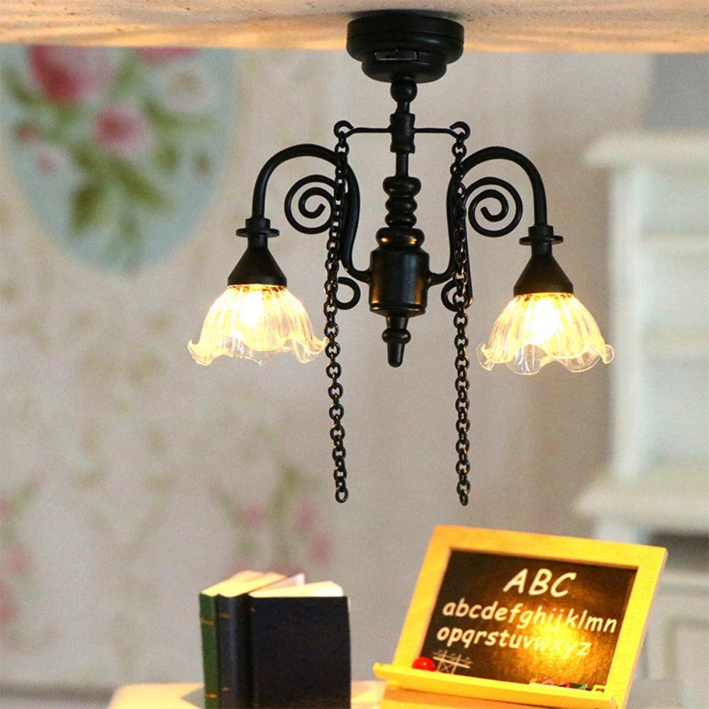 1:12 Miniature LED Golden Light Mini Home Table Lamp Model Doll House Accessories
