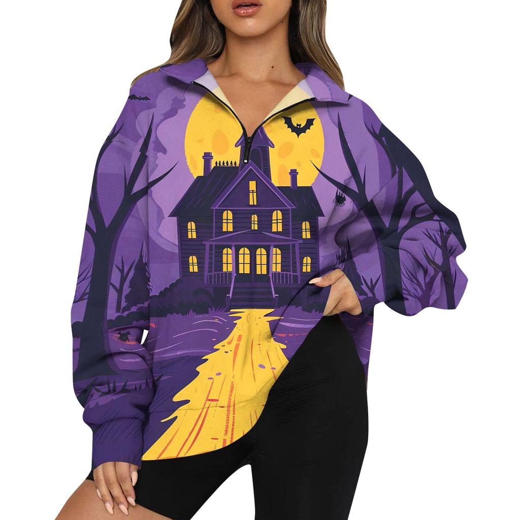 Women's Casual Fashion Long Sleeve Print Oversize Zip Sweatshirt Top