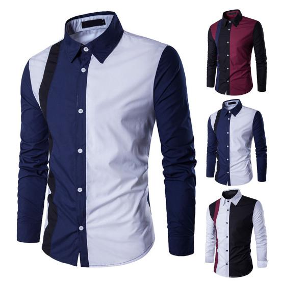 Men Shirt Color Block Splicing Streetwear Buttoned Korean Style Social Shirt for Office
