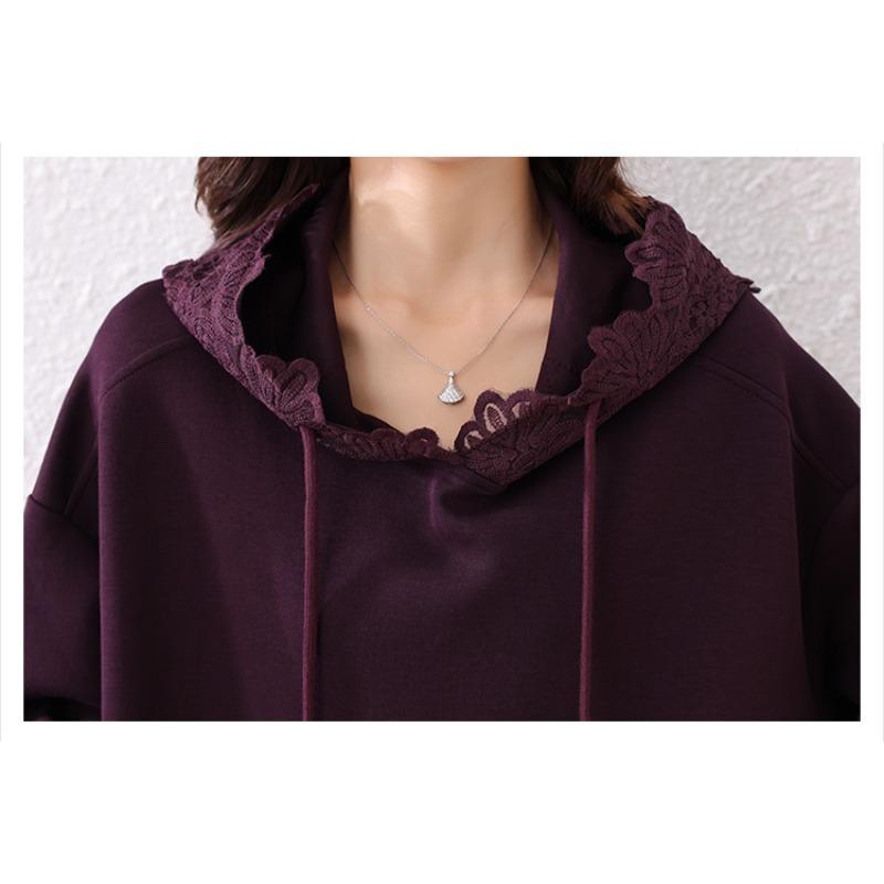 Dimanaf 2024 Плюс Размер Осень Однотонная Футболка Женская Новая Кружевная Капюшонная Пуловер Длинный Рукав Свободные Модные Топы Футболки