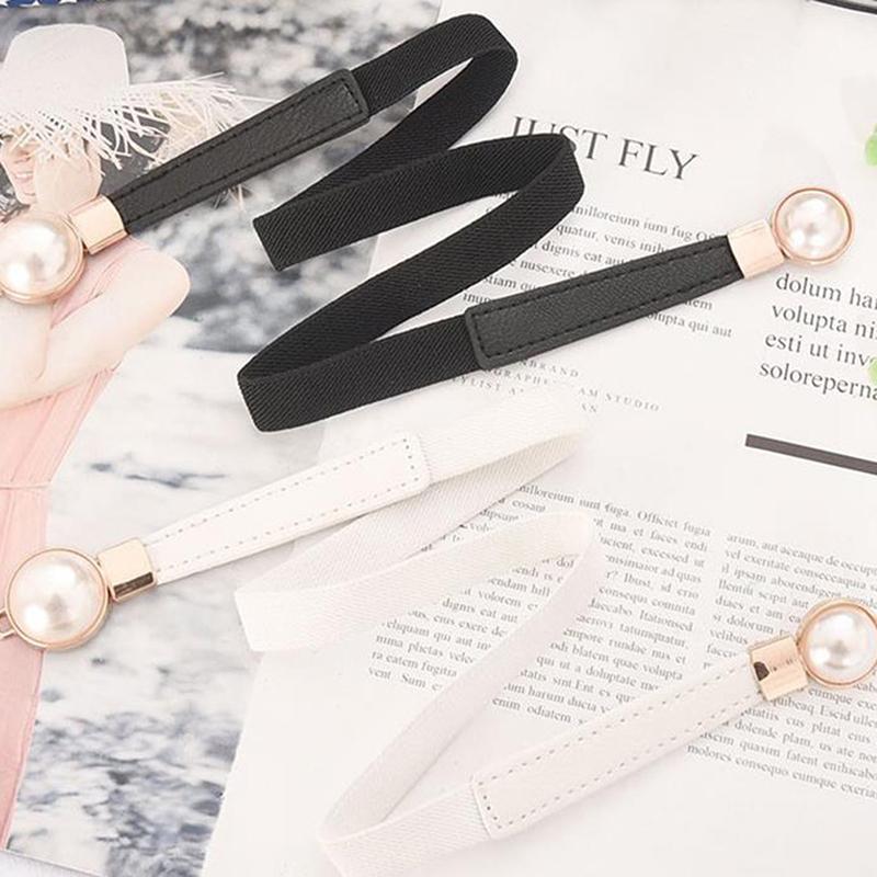 Pearl Buckle Belt Pu Leather Dress Skirt Waist Elastic Women Belts Accessories