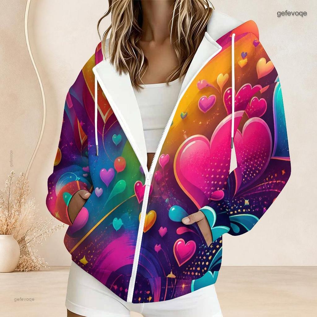 Ladies Plus Size Zipper Hoodie Colorful Swirl Heart Star Art Print Long Sleeve Casual Hooded Sweatshirt