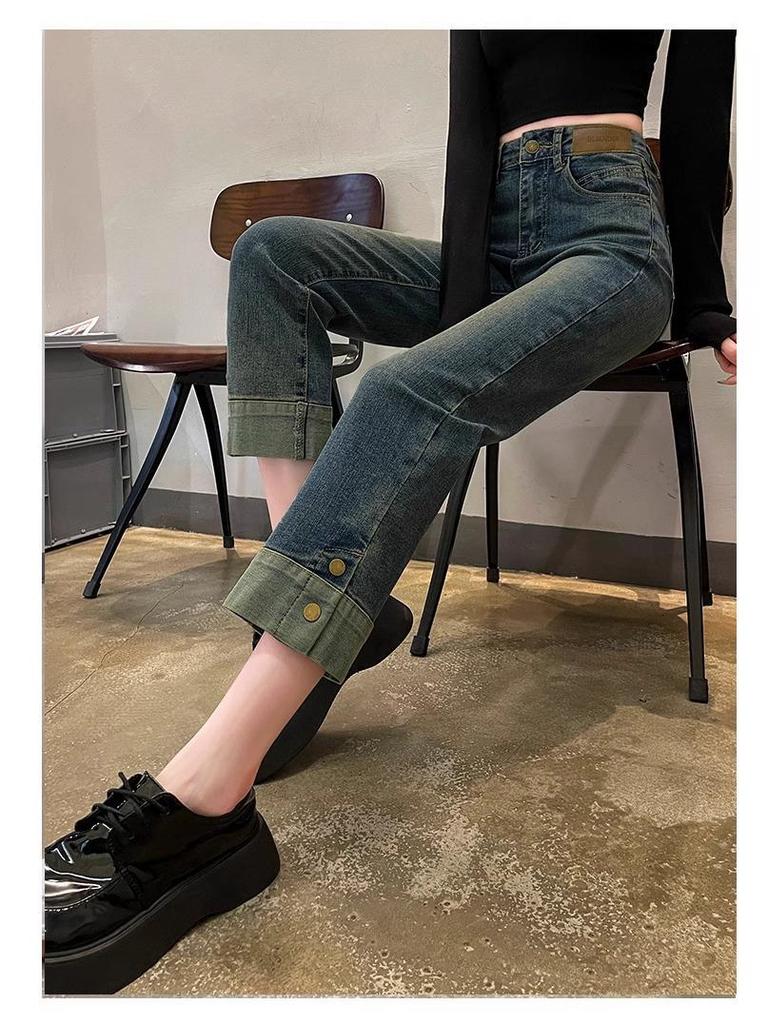 Женские джинсы-сигареты прямого кроя с высокой посадкой на флисовой подкладке: Мода Осень/Зима, Маленькая Длина Девять Девятых.