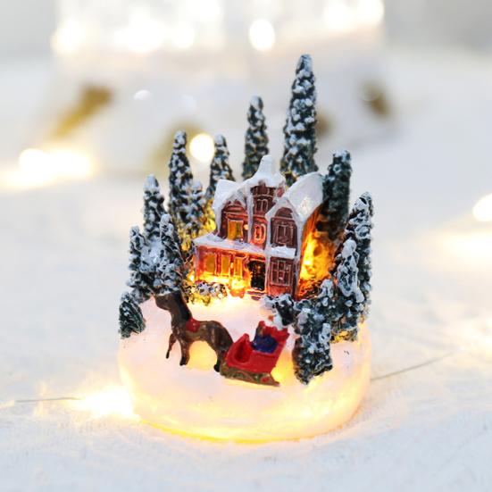 Christmas House Ornament Micro Landscape with LED Light Resin House Create Atmosphere Resort Decoration for Xmas